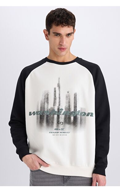 DeFacto Oversize Geniş Kalıp Bisiklet Yaka Baskılı Sweatshirt