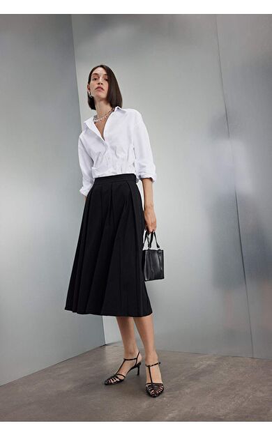 Piliseli Esnel Belli Basic Düz Siyah Midi Etek