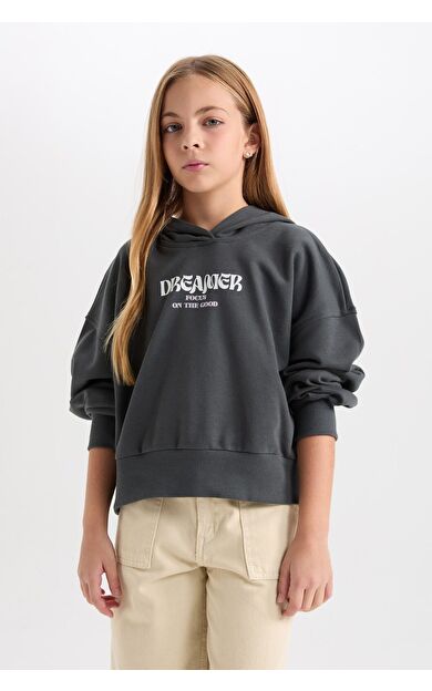 DeFacto Kız Çocuk Oversize Fit Kapüşonlu Baskılı Kalın Kumaş Sweatshirt