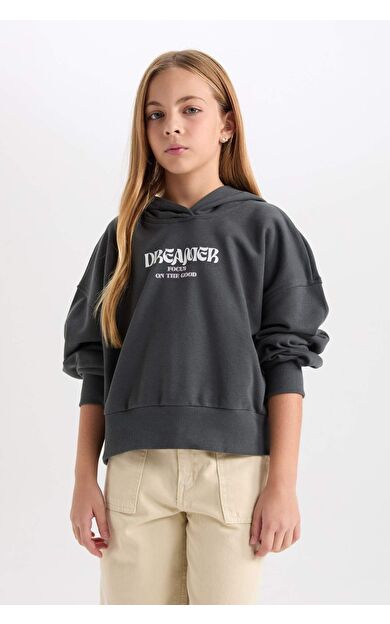 DeFacto Kız Çocuk Oversize Fit Kapüşonlu Baskılı Kalın Kumaş Sweatshirt