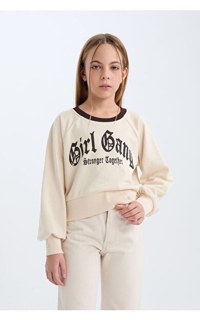 DeFacto Kız Çocuk Relax Fit Bisiklet Yaka Baskılı İçi Yumuşak Tüylü Sweatshirt D7042A824WNBG734