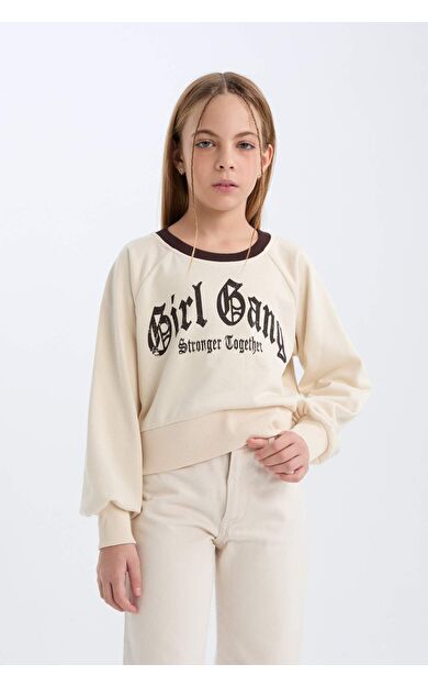 DeFacto Kız Çocuk Relax Fit Bisiklet Yaka Baskılı İçi Yumuşak Tüylü Sweatshirt D7042A824WNBG734