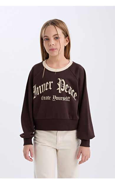 DeFacto Kız Çocuk Relax Fit Bisiklet Yaka Baskılı İçi Yumuşak Tüylü Sweatshirt D7042A824WNBN116