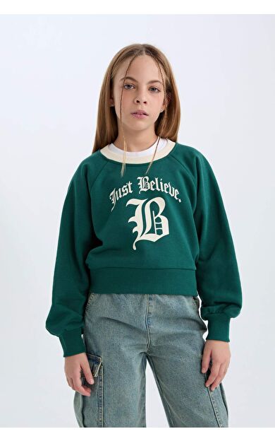 DeFacto Kız Çocuk Relax Fit Bisiklet Yaka Baskılı İçi Yumuşak Tüylü Sweatshirt D7042A824WNGN1116