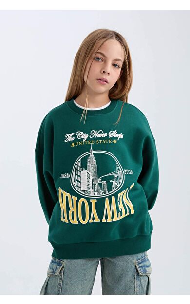 DeFacto Kız Çocuk Oversize Fit Geniş Kalıp Bisiklet Yaka Üniversite Baskılı Sweatshirt