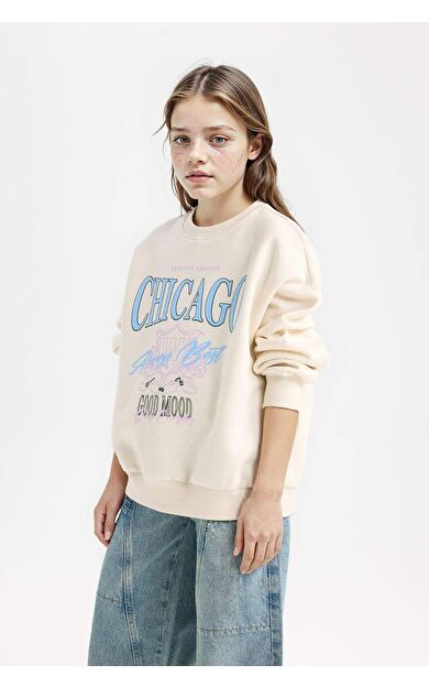 DeFacto Kız Çocuk Relax Fit Bisiklet Yaka Baskılı Sweatshirt D7046A824WNER99