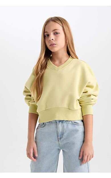 DeFacto Kız Çocuk Crop V Yaka Basic Düz Sweatshirt D7047A824WNGN659