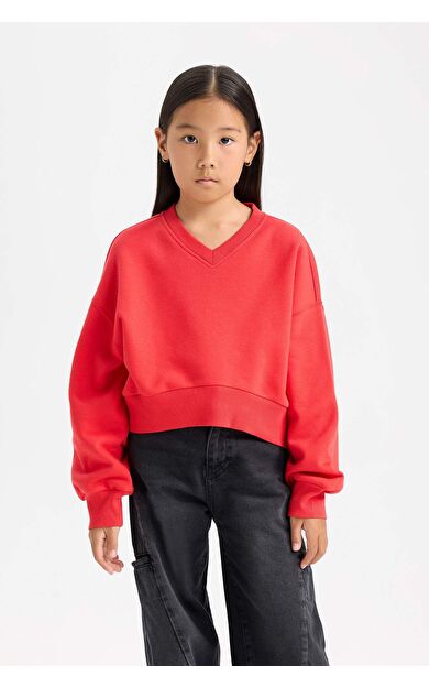 DeFacto Kız Çocuk Crop V Yaka Basic Düz Sweatshirt D7047A824WNRD348