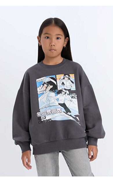 DeFacto Kız Çocuk Oversize Geniş Kalıp Bisiklet Yaka Baskılı Sweatshirt D7054A824WNAR148