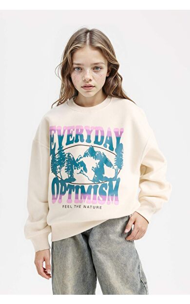 DeFacto Kız Çocuk Relax Fit Bisiklet Yaka Slogan Baskılı Sweatshirt D7055A824WNER99