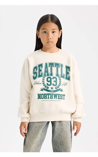 DeFacto Kız Çocuk Relax Fit Bisiklet Yaka Baskılı Sweatshirt D7057A824WNER99