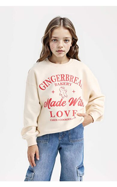 DeFacto Kız Çocuk Relax Fit Bisiklet Yaka Baskılı Sweatshirt D7058A824WNER99