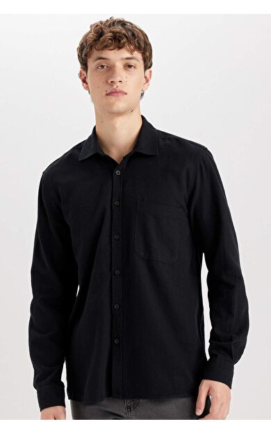DeFacto Erkek Beyaz Regular Fit Normal Kesim Pamuklu Basic Düz Uzun Kollu Siyah Gömlek