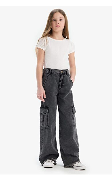 Kız Çocuk Wide Leg Kargo Geniş Bol Paça Pamuklu Jean Pantolon