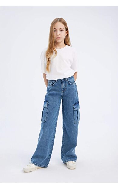 DeFacto Kız Çocuk Wide Leg Kargo Geniş Bol Paça Pamuklu Jean Pantolon