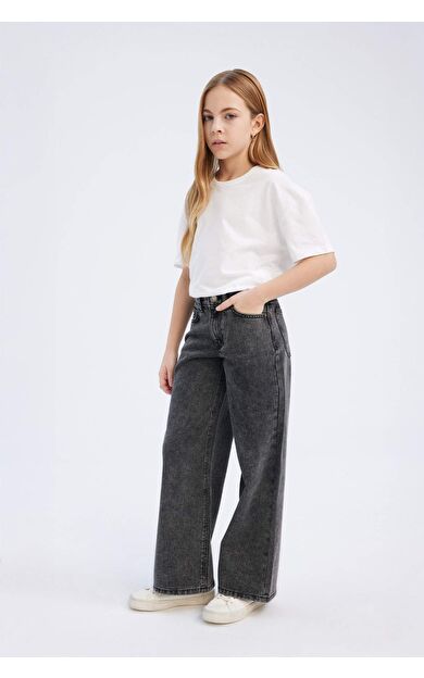 DeFacto Kız Çocuk Wide Leg Geniş Bol Paça Pamuklu Jean Pantolon