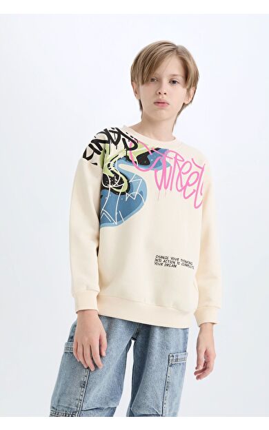 DeFacto Erkek Çocuk Oversize Fit Geniş Kalıp Bisiklet Yaka Baskılı Kalın Sweatshirt