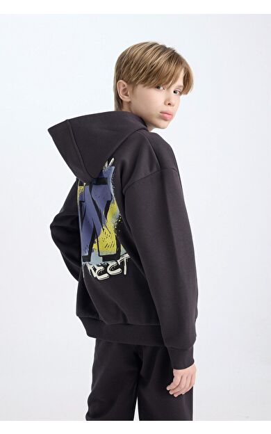 DeFacto Erkek Çocuk Oversize Fit Geniş Kalıp Sırt Baskılı Kapüşonlu Kalın Sweatshirt Kumaşı Sweatshirt