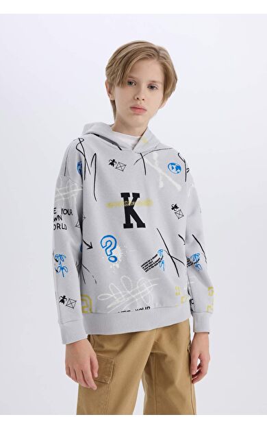 DeFacto Erkek Çocuk Oversize Geniş Kalıp Kapüşonlu Desenli Kalın Sweatshirt