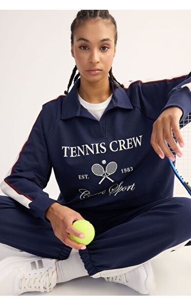 DeFacto DeFactoFit Oversize Geniş Kalıp Polo Yaka Baskılı Sporcu Sweatshirt