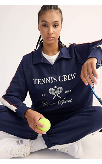 DeFacto DeFactoFit Oversize Geniş Kalıp Polo Yaka Baskılı Sporcu Sweatshirt