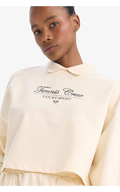 DeFactoFit Oversize Geniş Kalıp Polo Yaka Slogan Baskılı Sporcu Sweatshirt