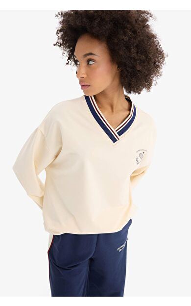 DeFactoFit Oversize Geniş Kalıp V Yaka  Baskılı Sporcu Sweatshirt