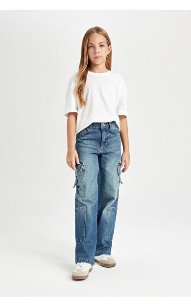 DeFacto Kız Çocuk Wide Leg Kargo Geniş Paça Jean Pantolon D7176A824WNNM28