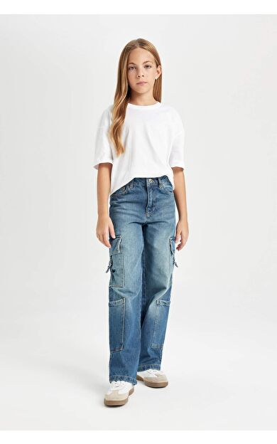DeFacto Kız Çocuk Wide Leg Kargo Geniş Paça Jean Pantolon D7176A824WNNM28