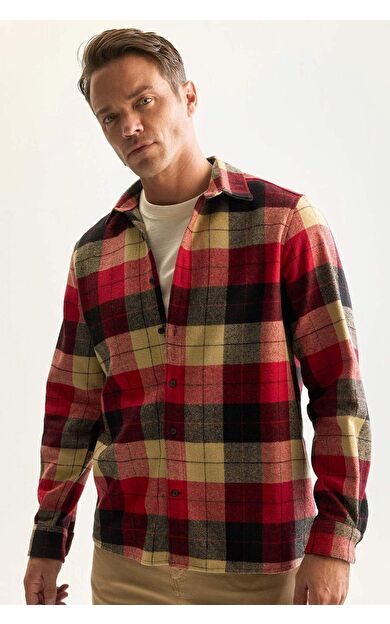 DeFacto Erkek Bordo Regular Fit Polo Yaka Kareli Oduncu Flanel Uzun Kollu Gömlek