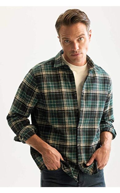 DeFacto Regular Fit Polo Yaka Kareli Flanel Uzun Kollu Gömlek