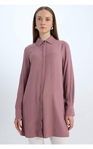 Kadın Relax Fit Gömlek Yaka Yandan Bağlamalı Uzun Kollu Basic Düz Gömlek Tunik