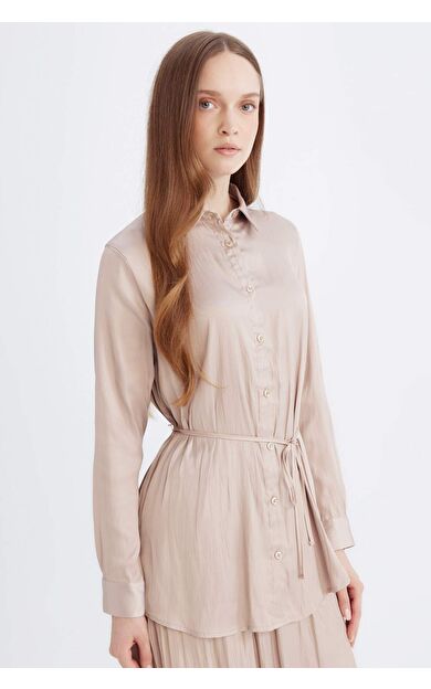 Relax Fit Gömlek Yaka Basic Düz Saten Beli Bağcıklı Uzun Kollu Gömlek Tunik