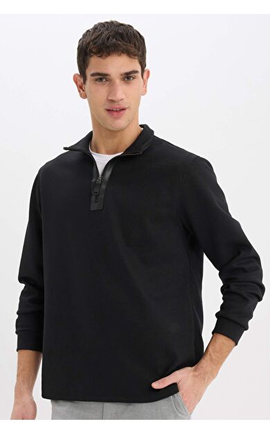 DeFacto Regular Fit Dik Yaka Yarım Fermuarlı Basic Düz Sweatshirt D7226AX25SPBK81