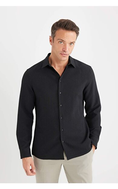 DeFacto Modern Fit Polo Yaka Dokuma Uzun Kollu Gömlek D7246AX25SPBK27