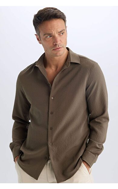 DeFacto Modern Fit Polo Yaka Dokuma Uzun Kollu Gömlek D7246AX25SPKH264