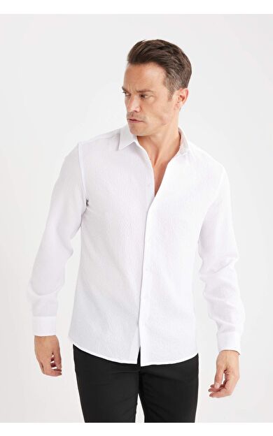 DeFacto Modern Fit Polo Yaka Dokuma Uzun Kollu Gömlek D7246AX25SPWT34