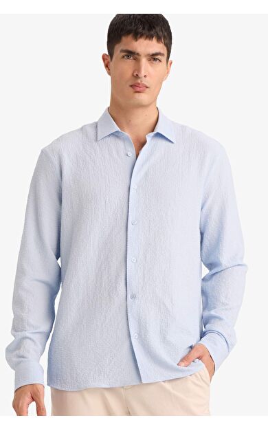 DeFacto Modern Fıt Polo Yaka Dokuma Uzun Kollu Gömlek