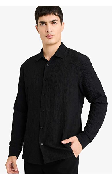 DeFacto Modern Fıt Polo Yaka Dokuma Uzun Kollu Gömlek