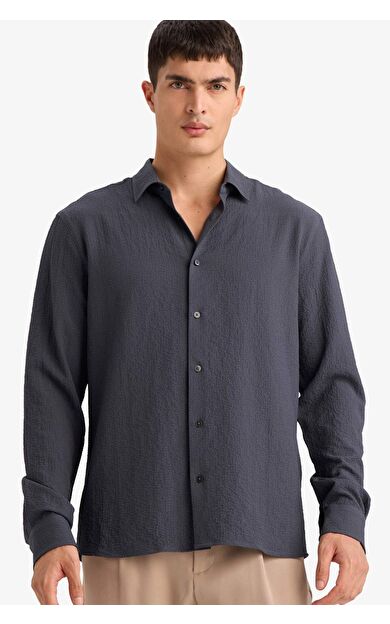 DeFacto Modern Fıt Polo Yaka Dokuma Uzun Kollu Gömlek