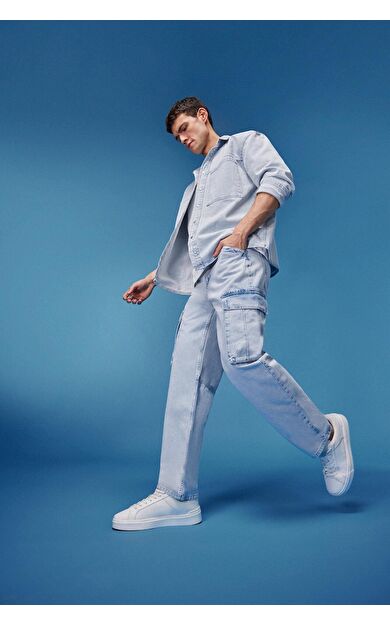 DeFacto Relax Fit Geniş Paça Kargo Cepli Pamuklu Jean Pantolon
