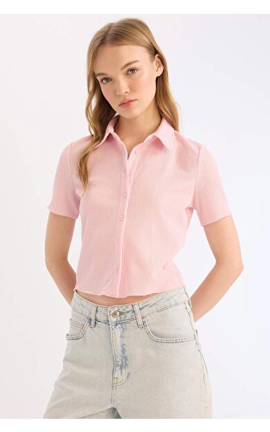 Fitted Gömlek Yaka Bürümcük Kısa Kollu Gömlek