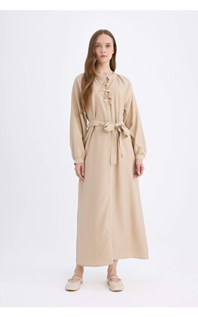 Relax Fit Hakim Yaka Uzun Kollu Kuşaklı Maxi Elbise