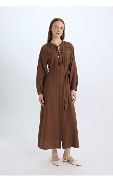 Relax Fit Hakim Yaka Uzun Kollu Maxi Elbise