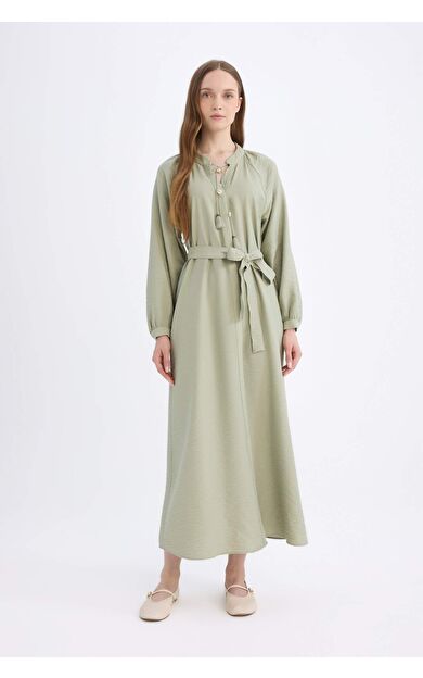 Relax Fit Hakim Yaka Uzun Kollu Kuşaklı Maxi Elbise