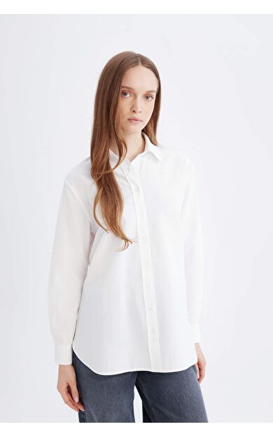 Relax Fit Poplin Uzun Kollu Beyaz Gömlek Tunik