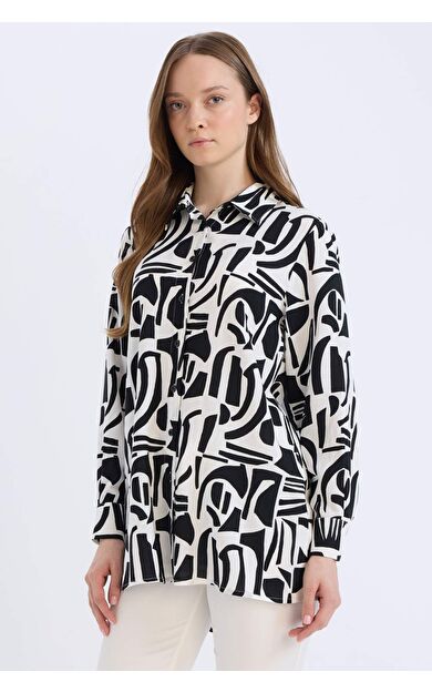 Relax Fit Gömlek Yaka Desenli Viskon Uzun Kollu Tunik