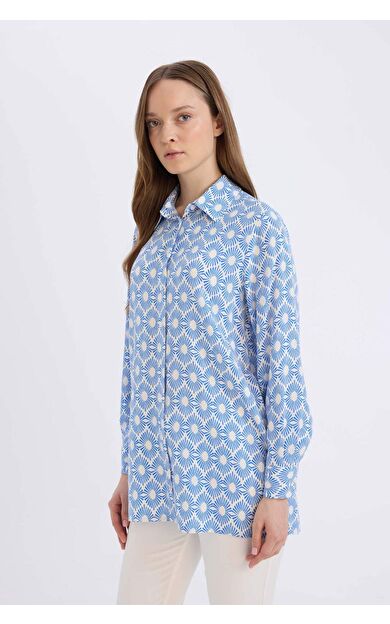 Relax Fit Gömlek Yaka Desenli Viskon Uzun Kollu Tunik