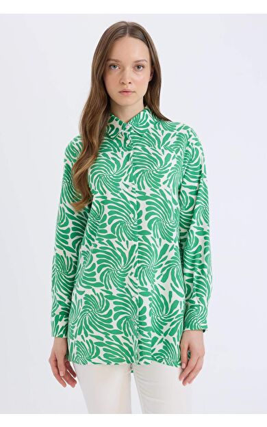 Relax Fit Gömlek Yaka Desenli Viskon Uzun Kollu Tunik