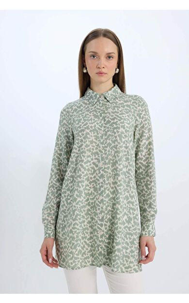 Relax Fit Gömlek Yaka Desenli  Viskon Uzun Kollu Tunik